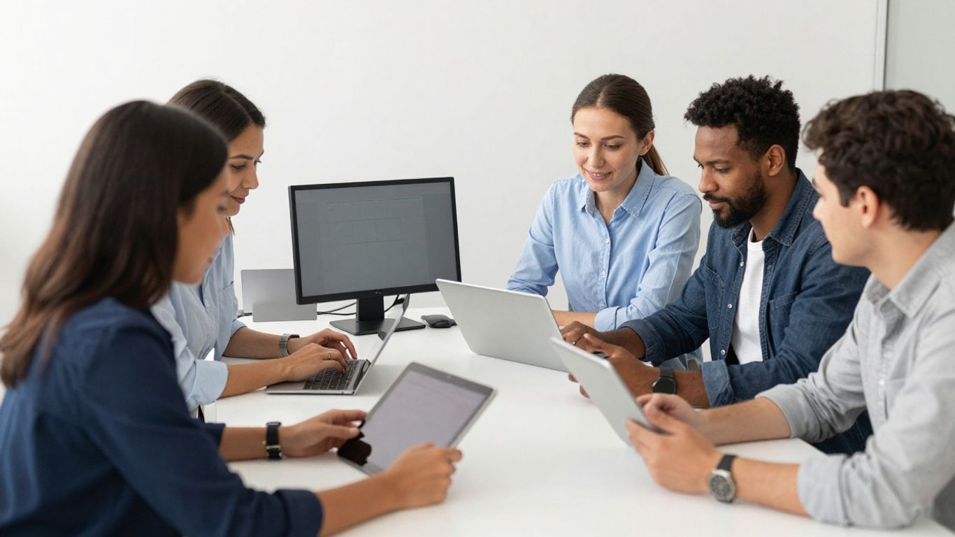 A diverse team collaborates in a modern office