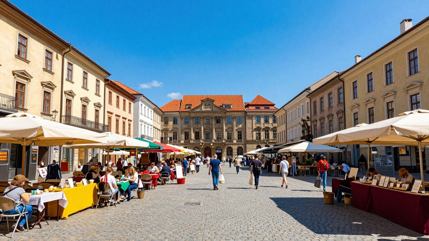 Affordable European city square with historic architecture and cafes.