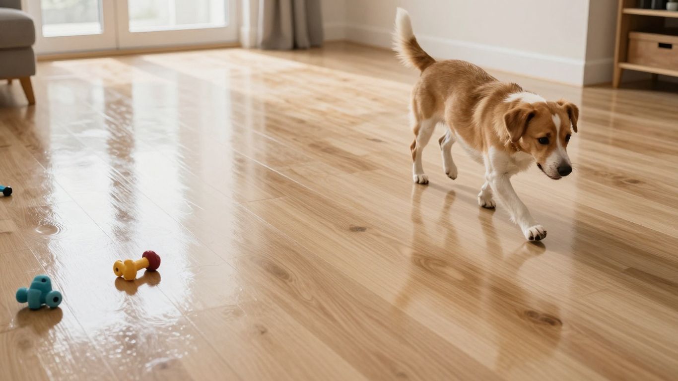 Durable epoxy floor with a happy dog.