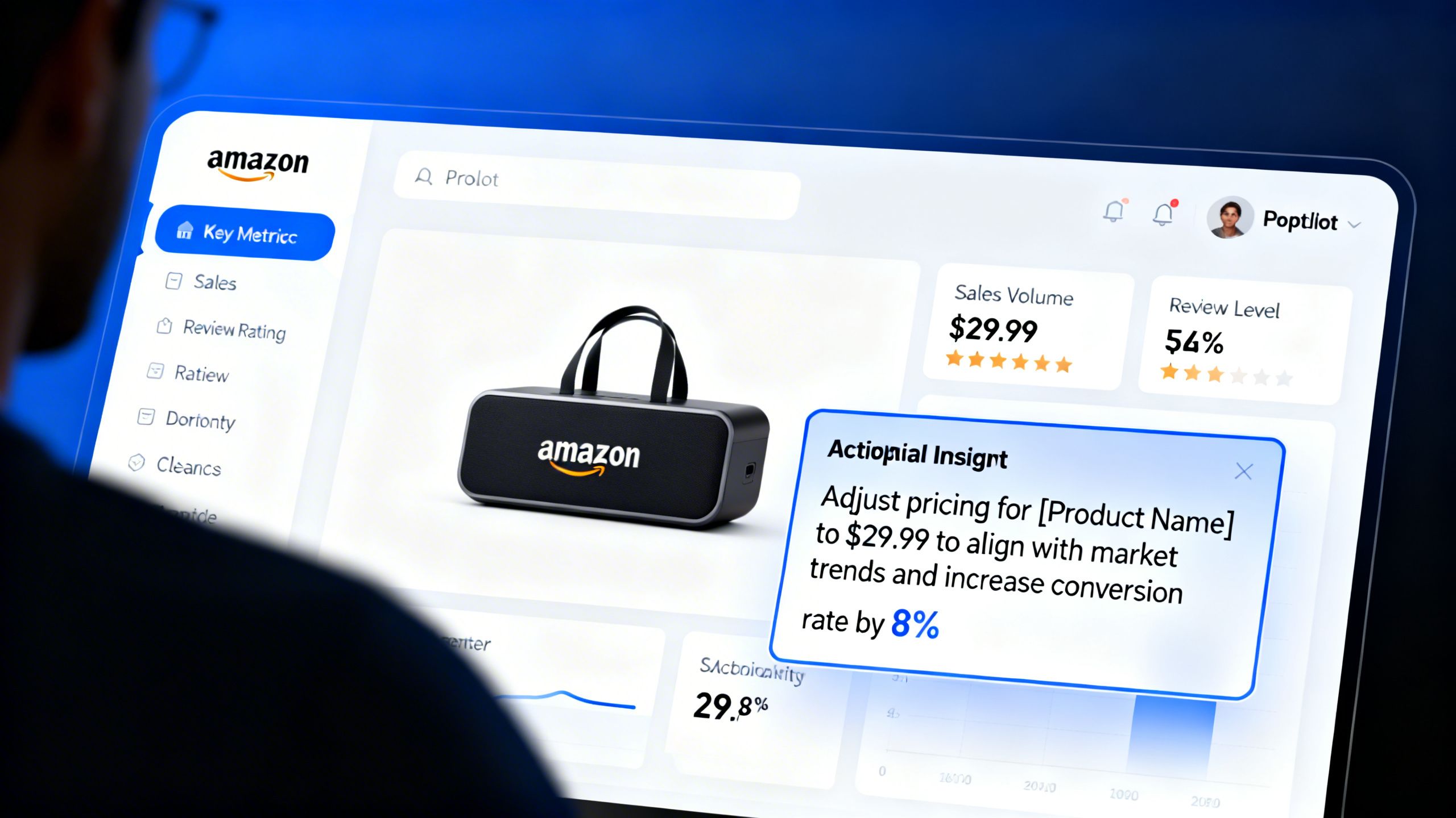 A sleek dashboard showing an AI co-pilot providing a specific, actionable insight about an Amazon product's performance.