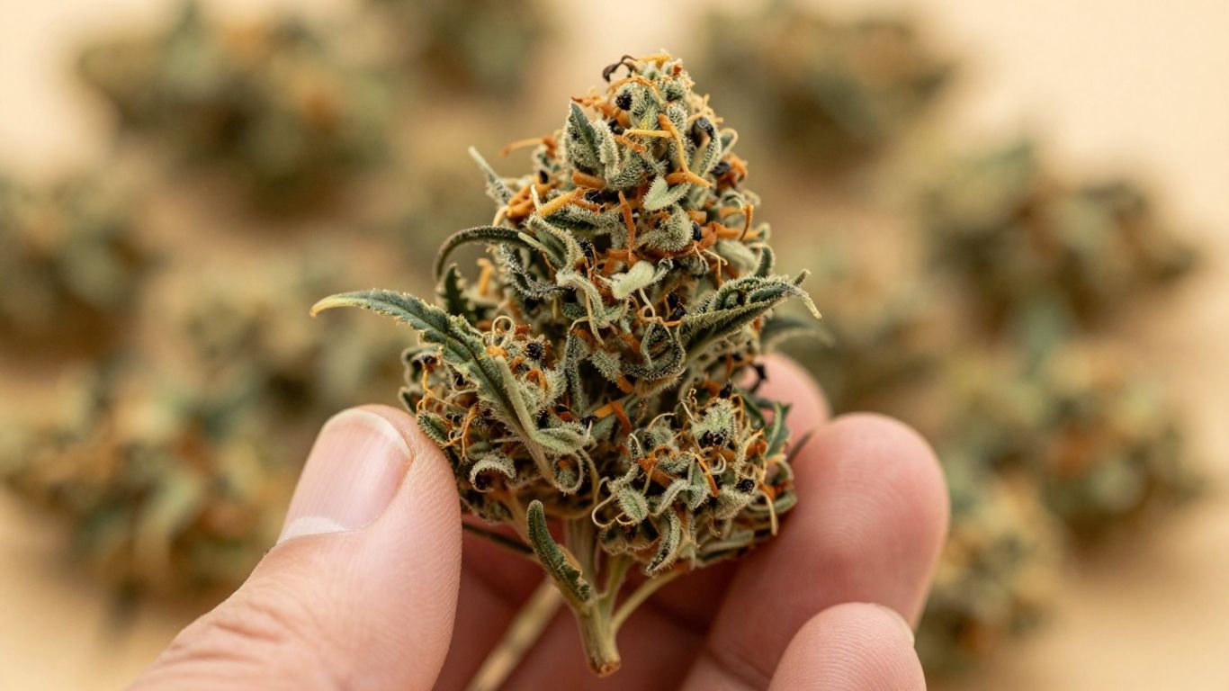 Cannabis bud held in hand, Ontario