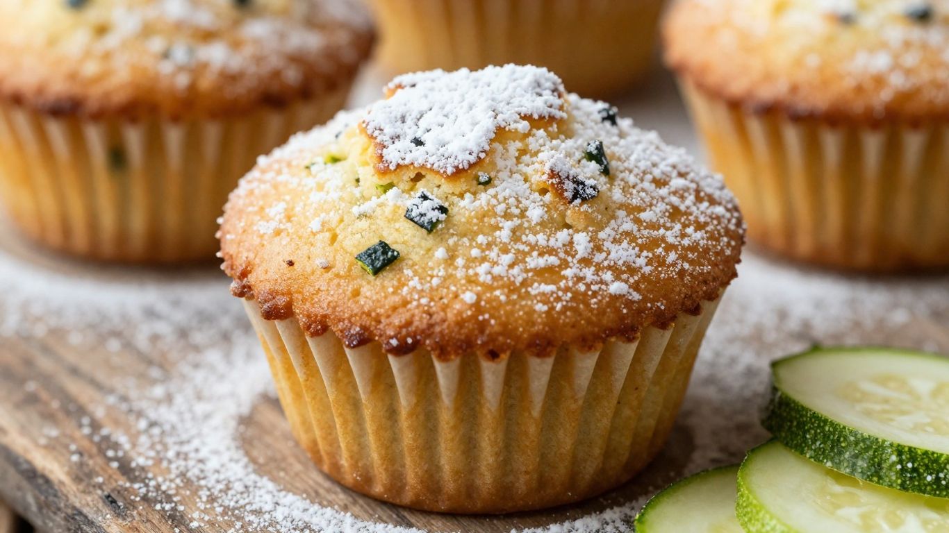 Golden egg-free zucchini muffins with powdered sugar dusting.
