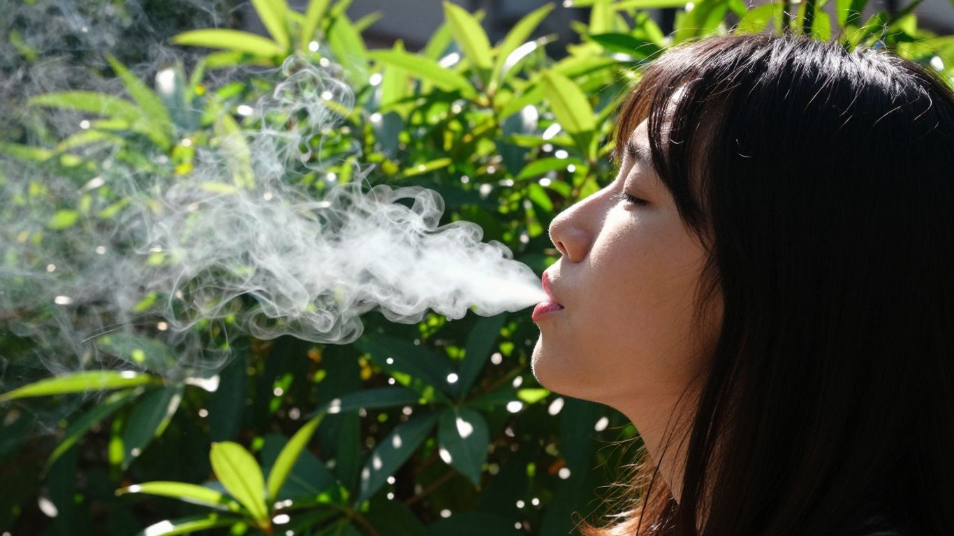 Person exhaling smoke into clear air with green plant.