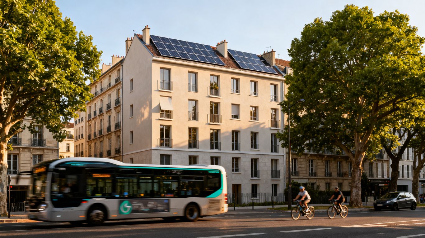 French city with renovated buildings and electric transport