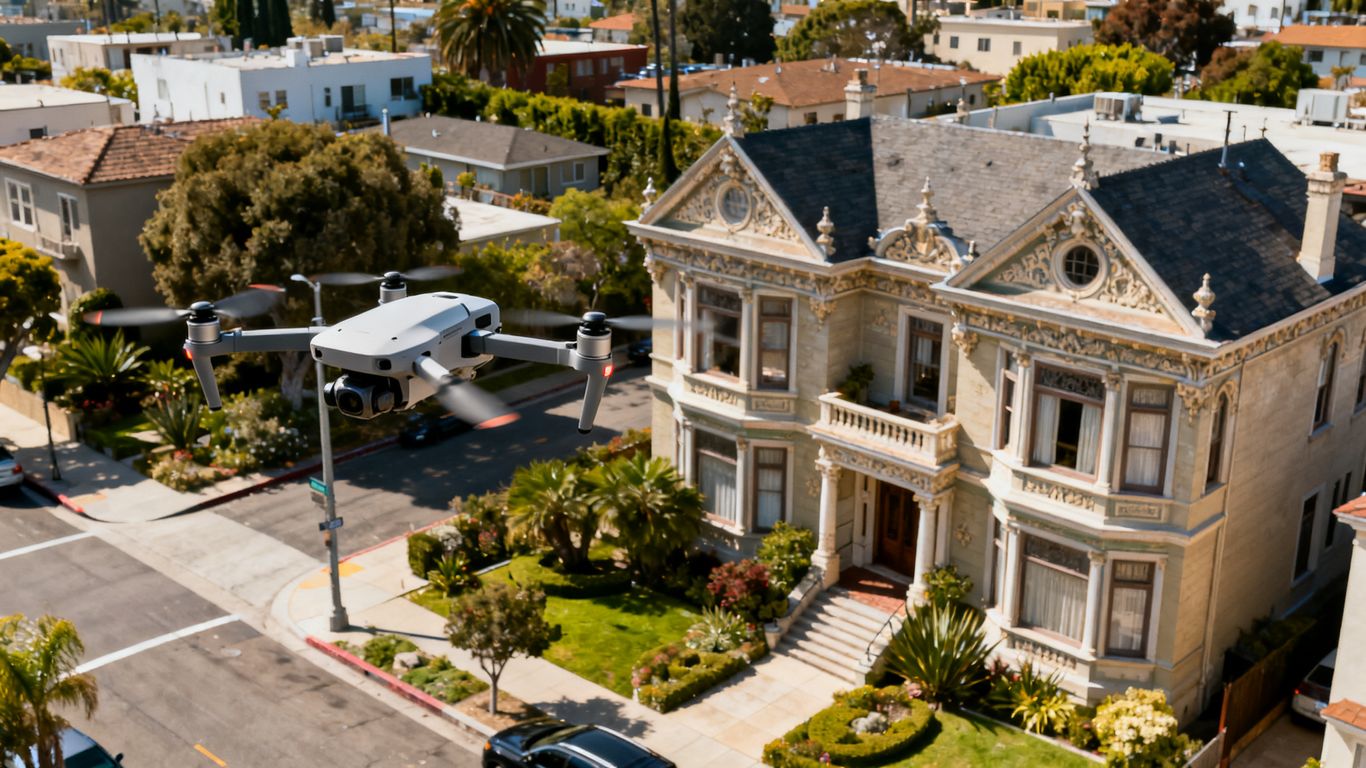 Drone flight near California historic district