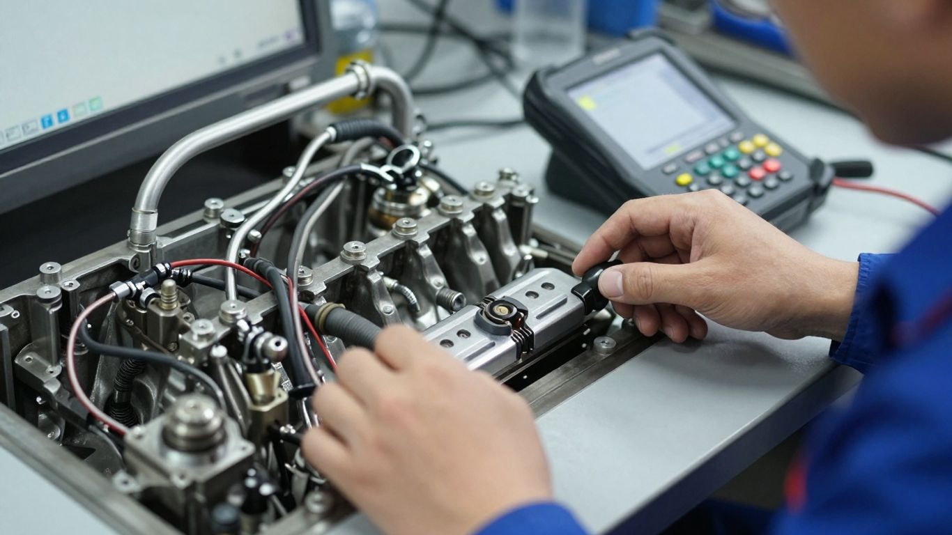 A mechanic examining an automotive transmission