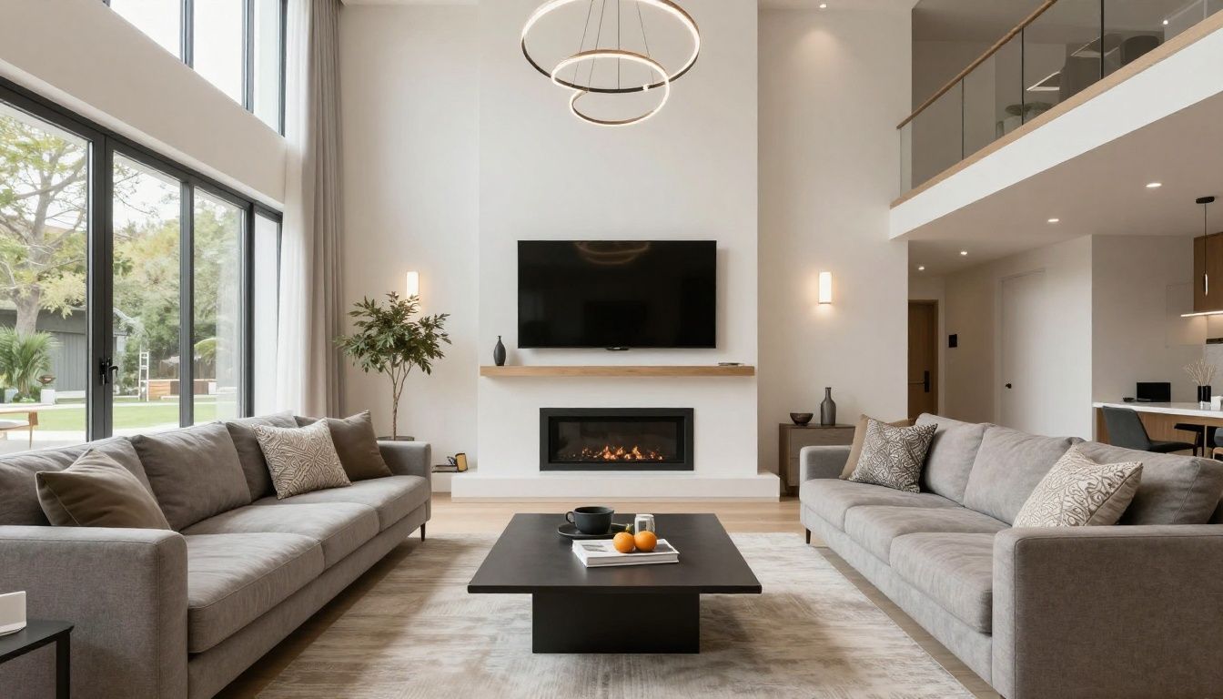 A clean, professionally detailed modern living room following a post-construction renovation