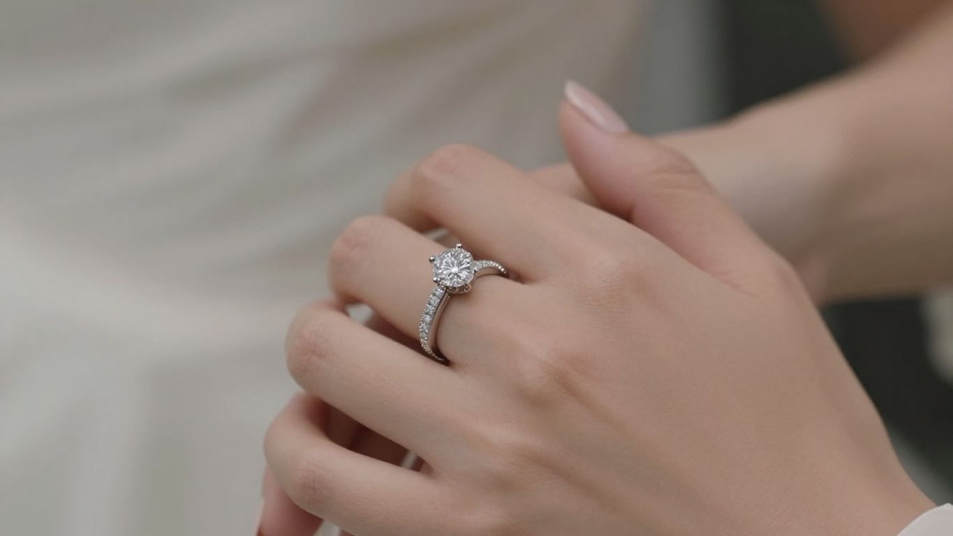 Bride's hand with personalized engagement ring and earrings.