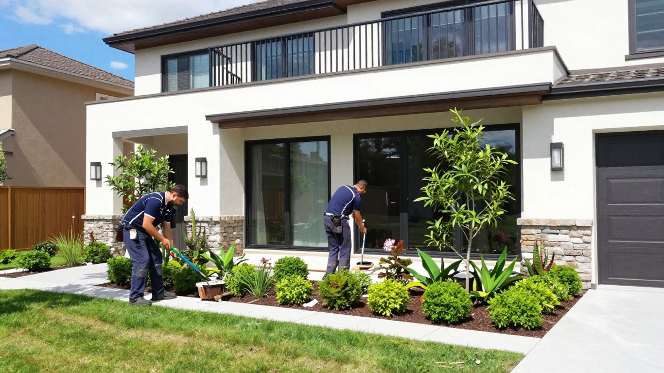Home exterior with landscaping crew, bright sunlight.