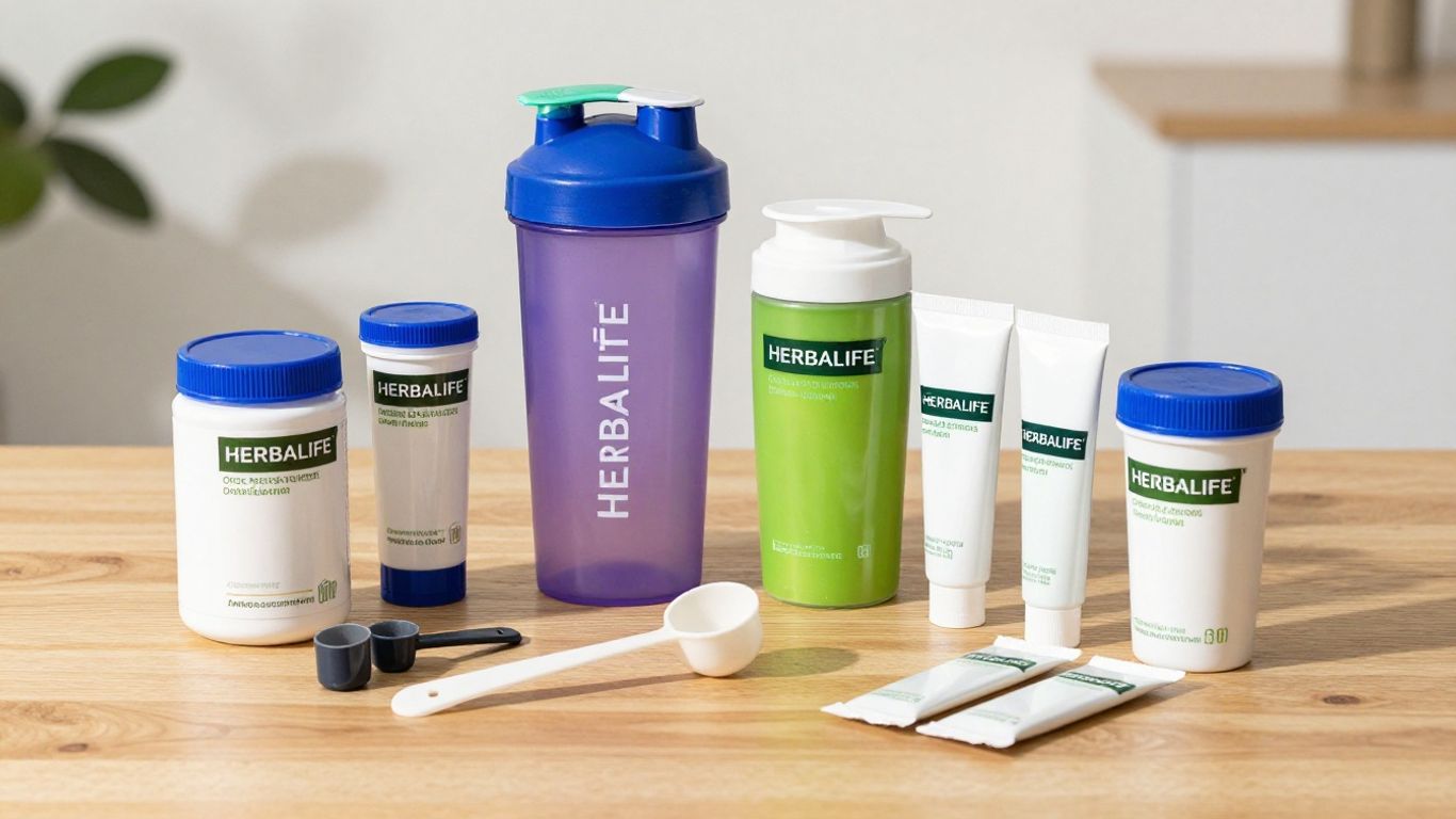 Herbalife products from distributor kit on wooden table