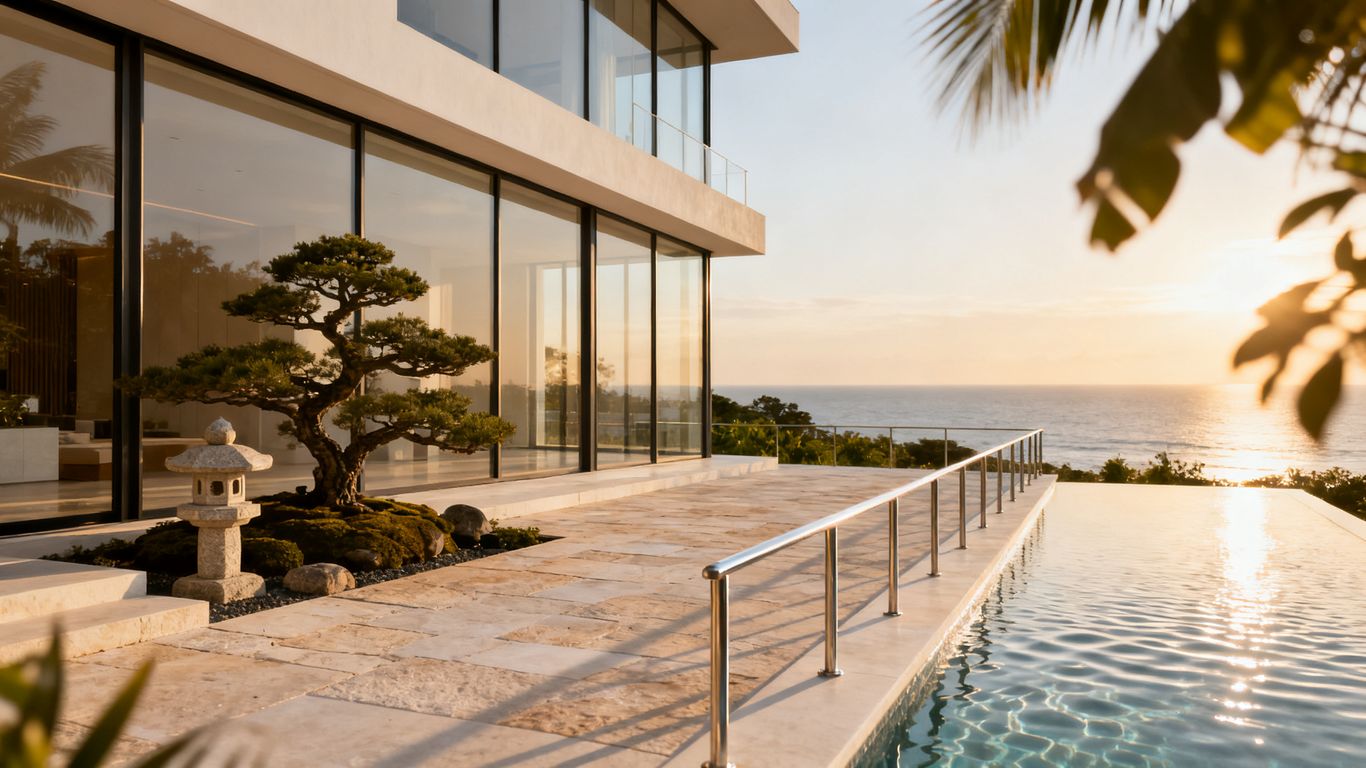 Modern architectural masterpiece with infinity pool and gardens.