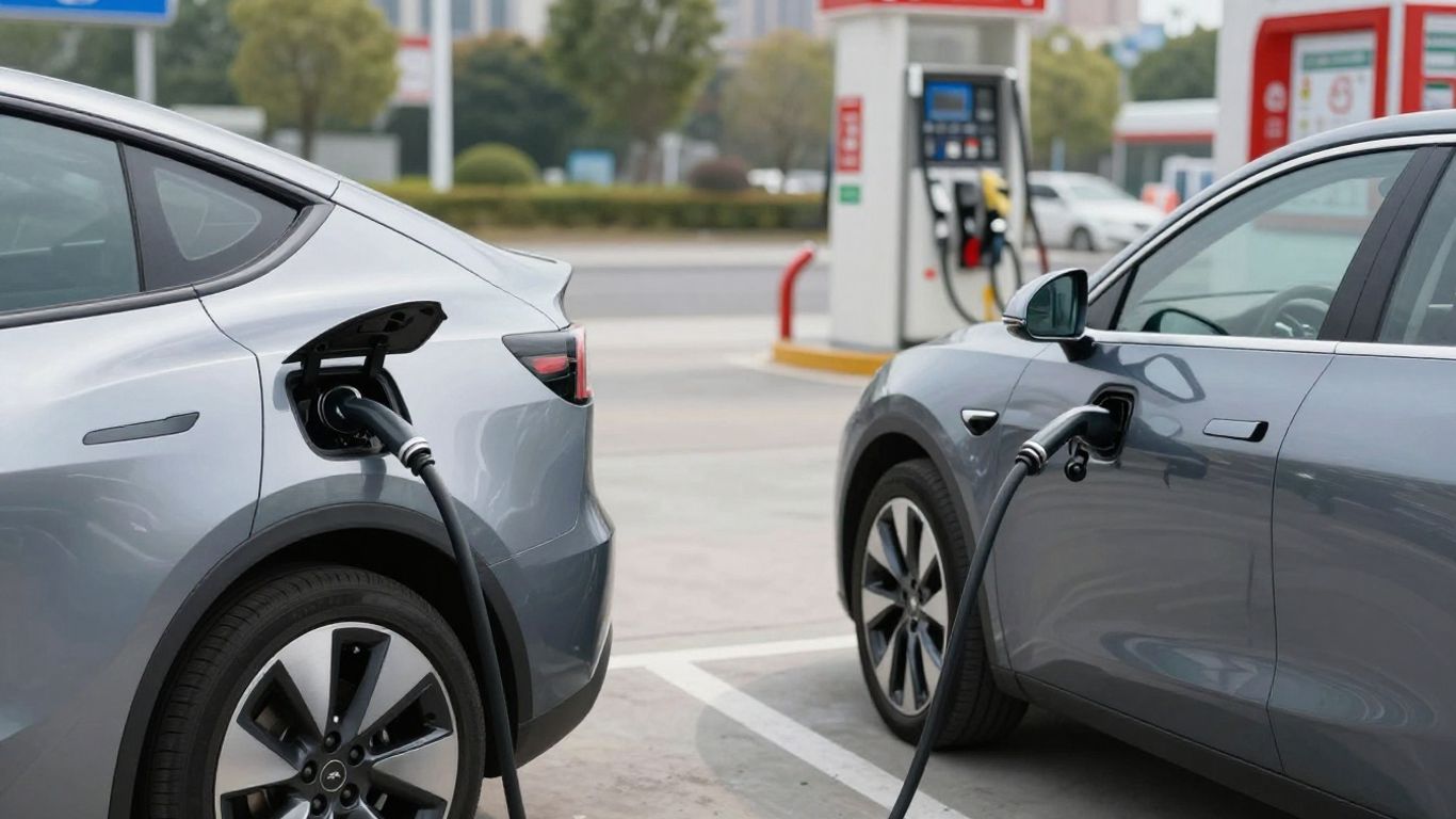 Electric car charging next to a gas-powered car refueling.