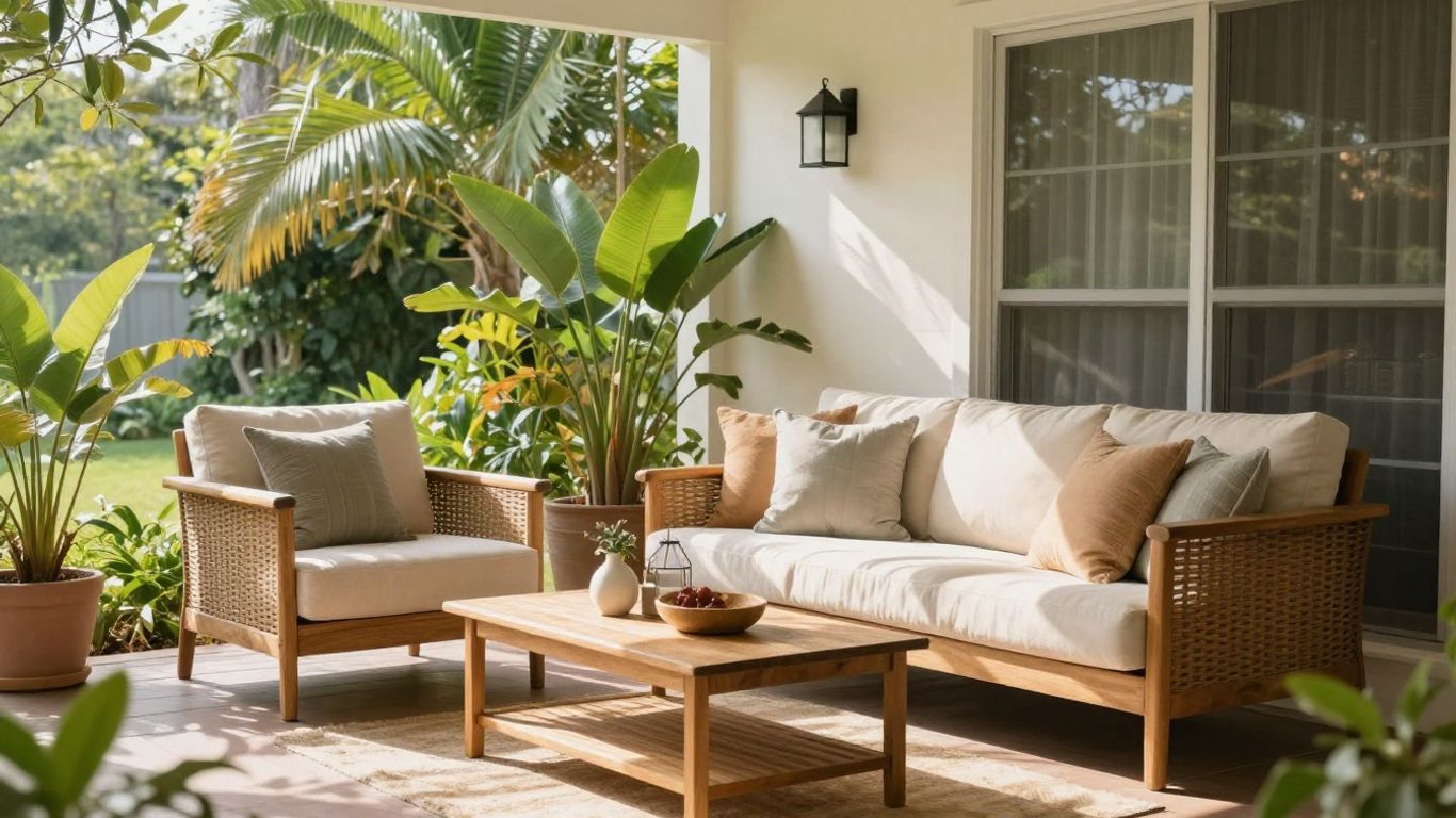 Screened porch with comfortable seating and plants.
