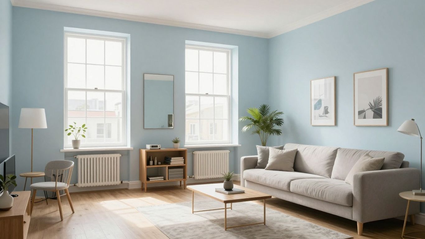 Bright apartment living room with light colors and mirrors.