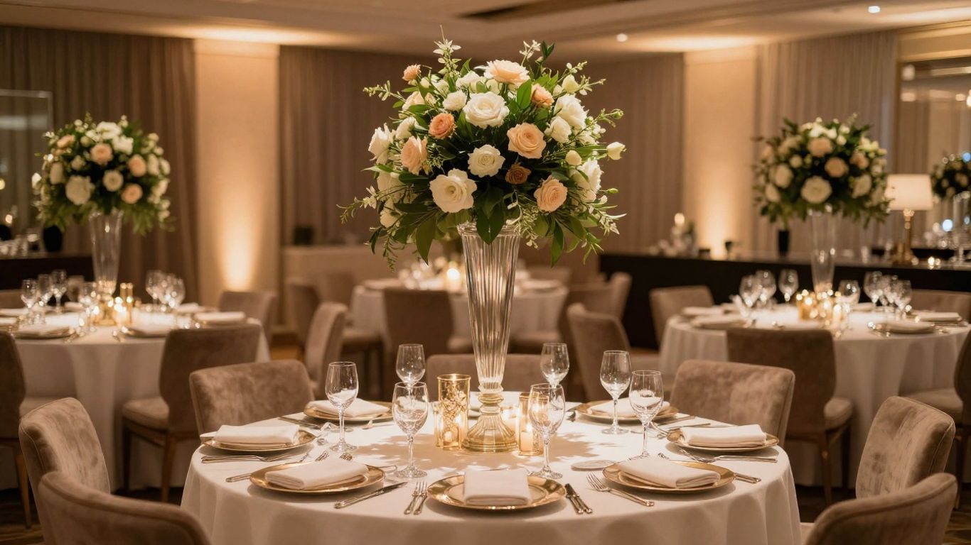 Elegant Dallas event space with floral decor and ambient lighting.