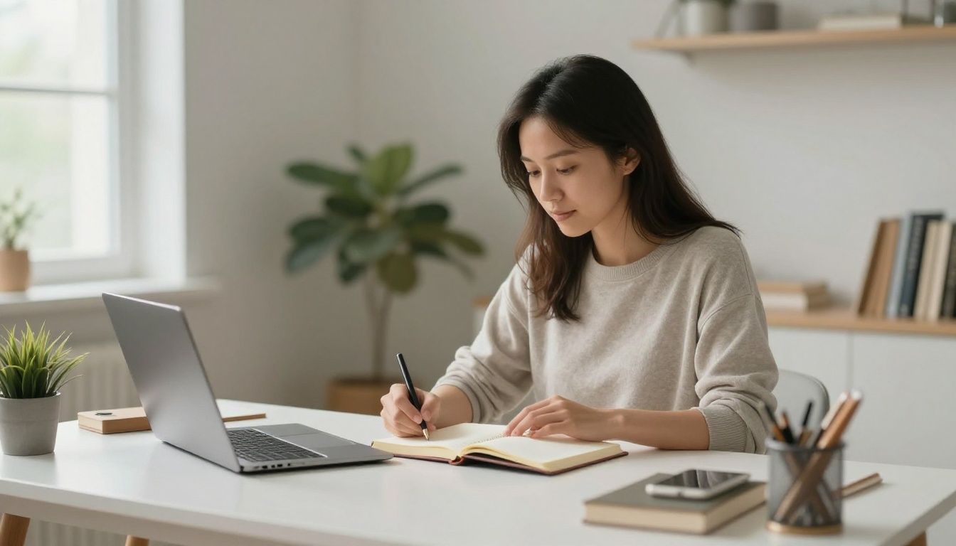 A serene, organized home workspace with a mother peacefully focusing on a journal, soft natural light, minimalist desk setup, representing clarity and intentionality.