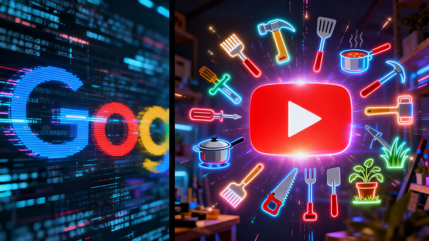 YouTube logo eclipsing a fading Google logo, surrounded by DIY icons.