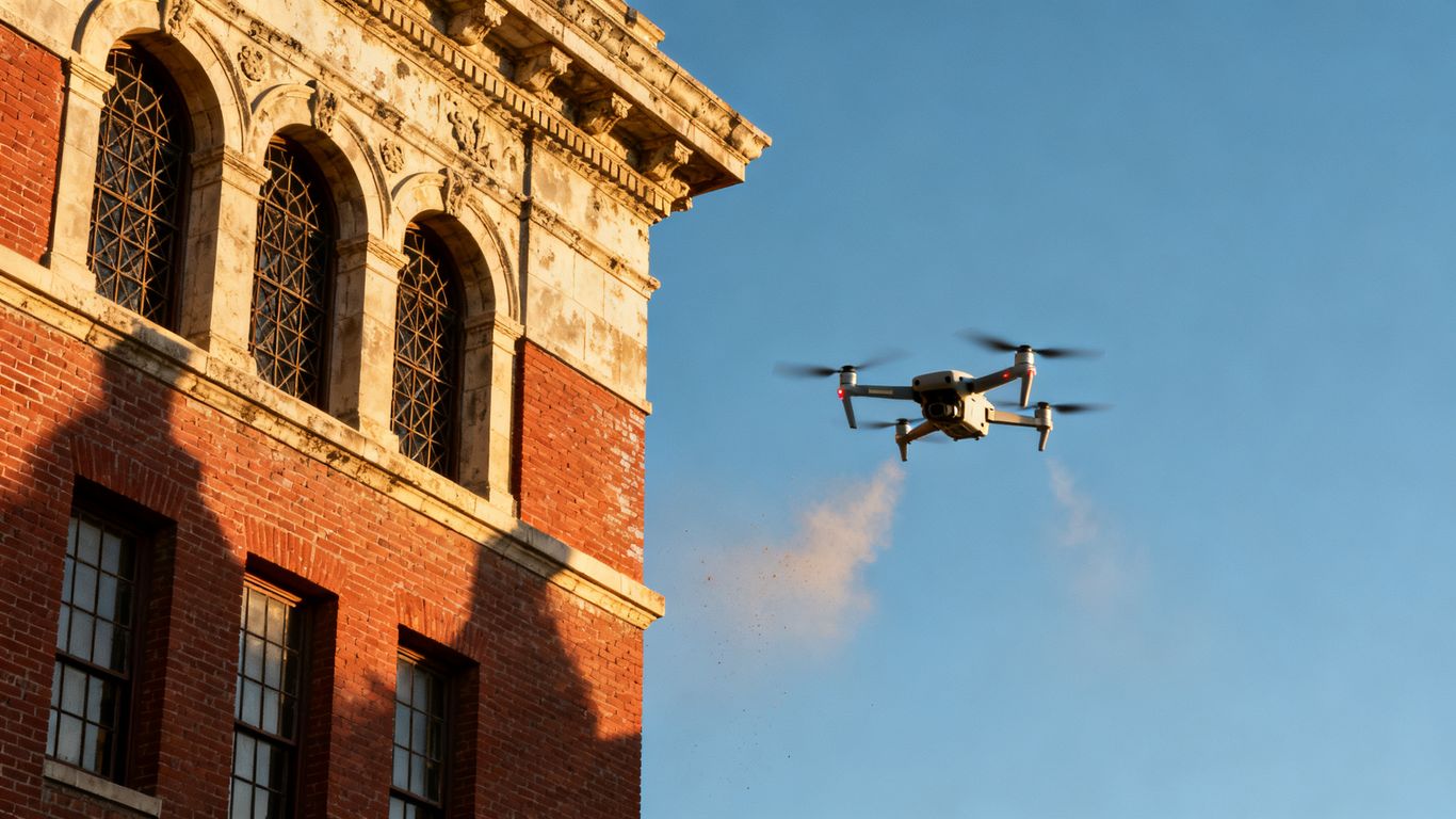 Drone viewing historic masonry facade