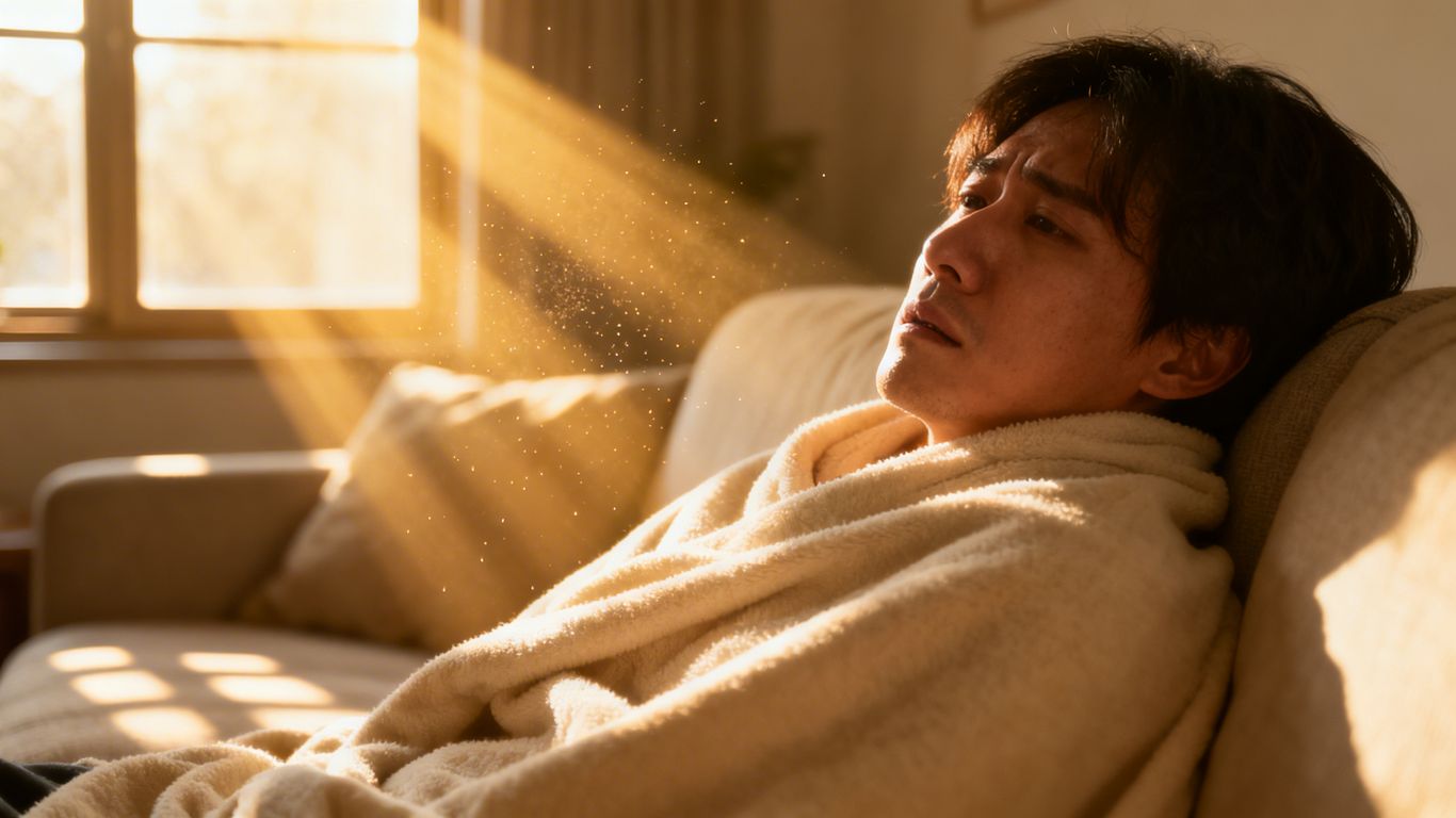 Cozy living room with dust motes and unwell person.