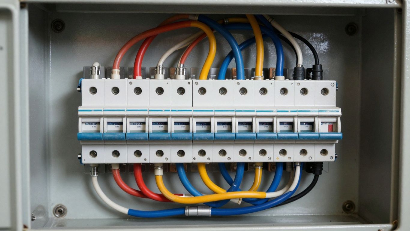 Electrical panel with cover removed, showing circuit breakers and wires.