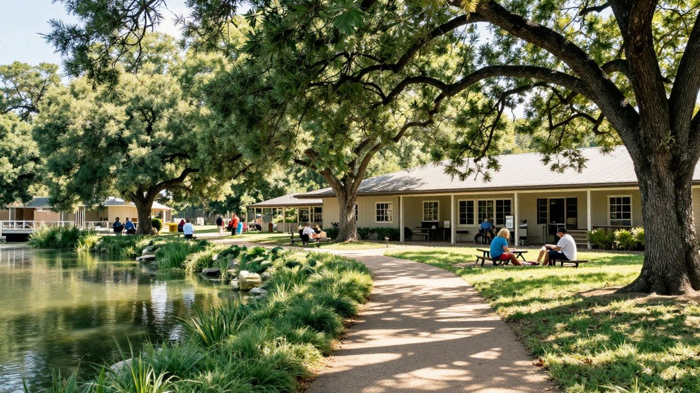 New Braunfels community center with people outdoors.