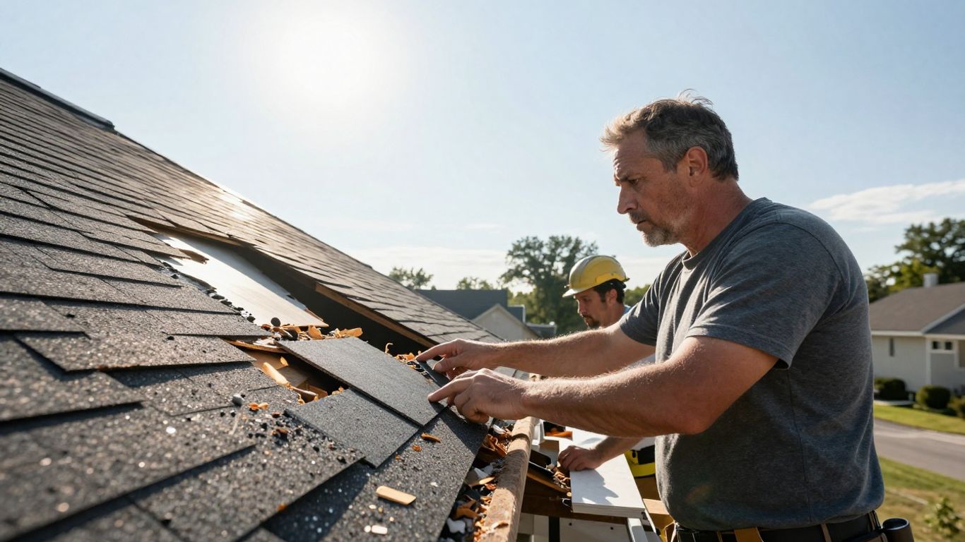 Homeowner and contractor inspect storm-damaged roof.