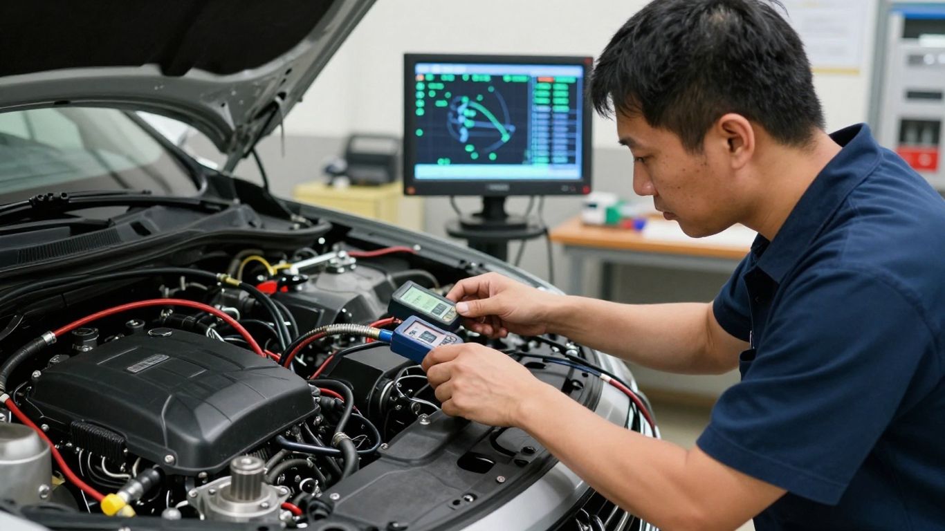 Technician performing engine performance testing