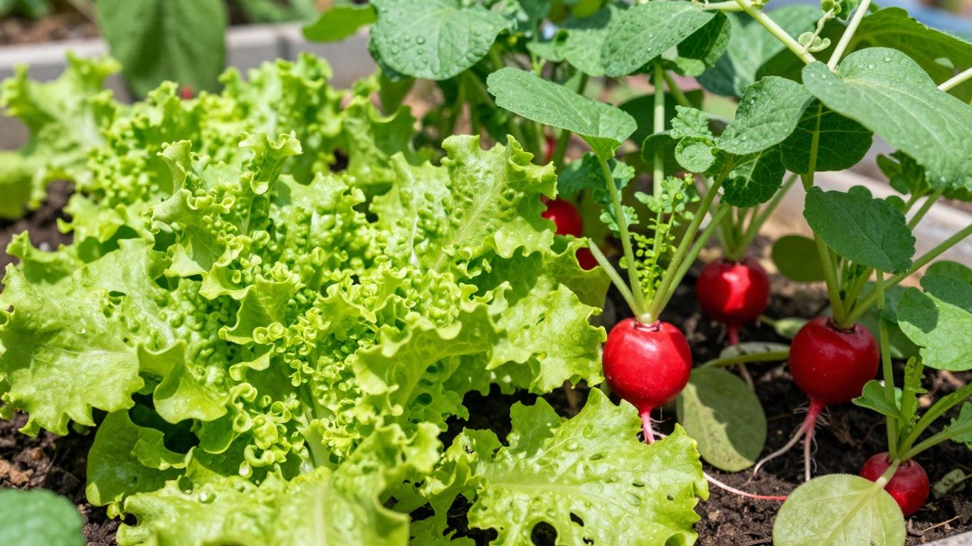 Schnellwachsendes Gemüse in einem sonnigen Gartenbeet.