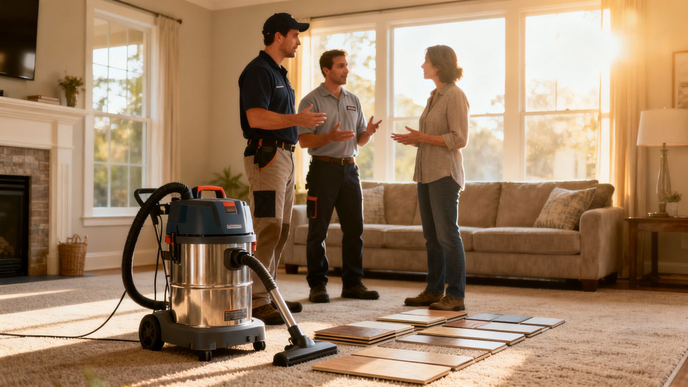 Carpet cleaner and installer discussing flooring options