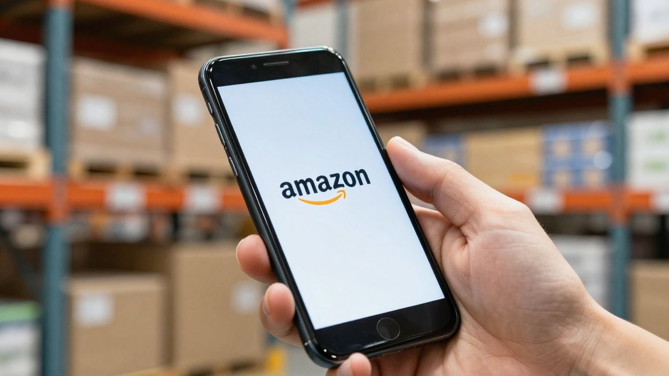 Amazon logo on a phone with warehouse background.
