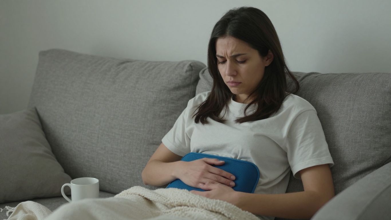 Young woman with heating pad, looking concerned on couch