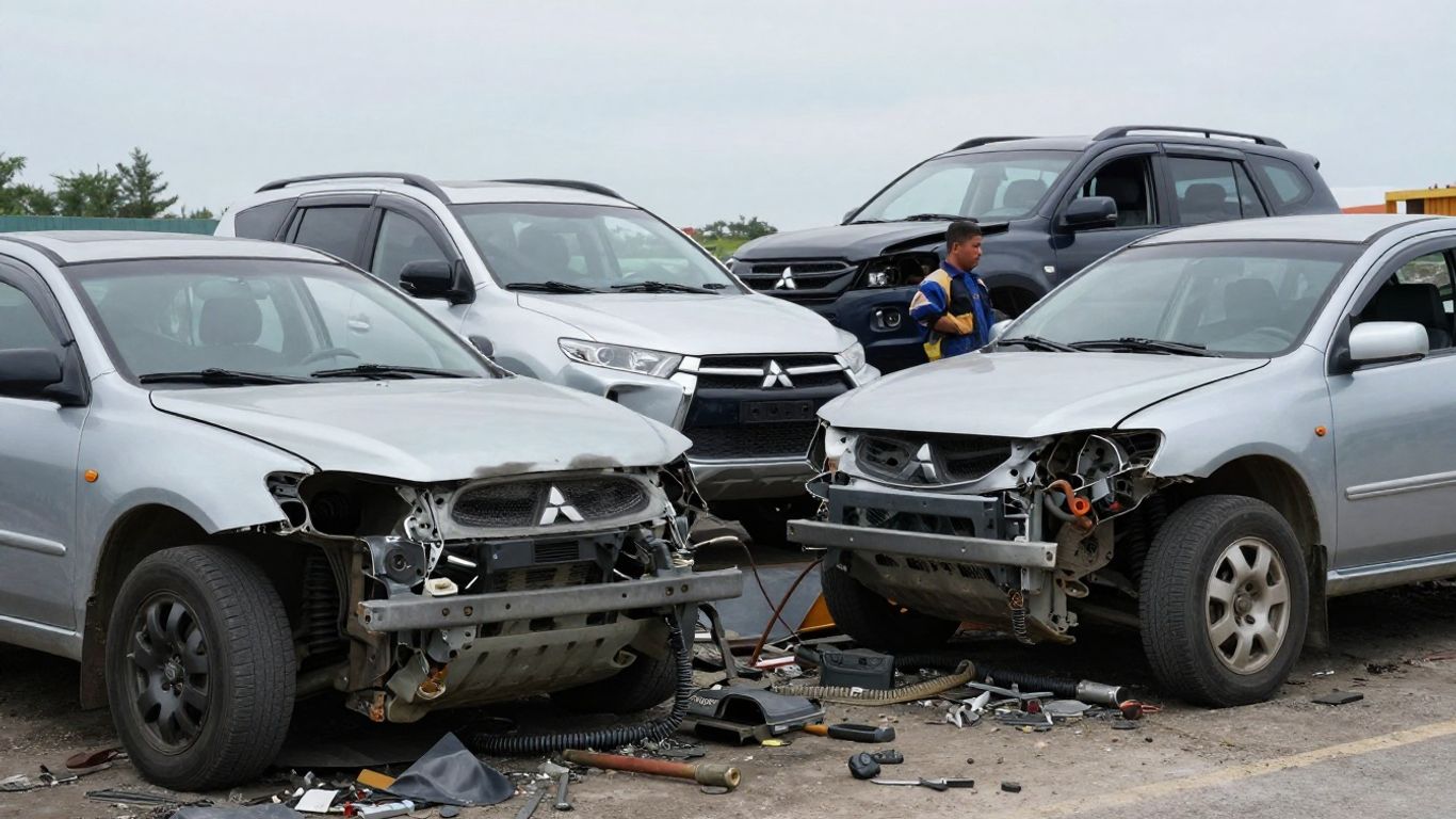 Mitsubishi vehicles being dismantled at outdoor wrecking yard.