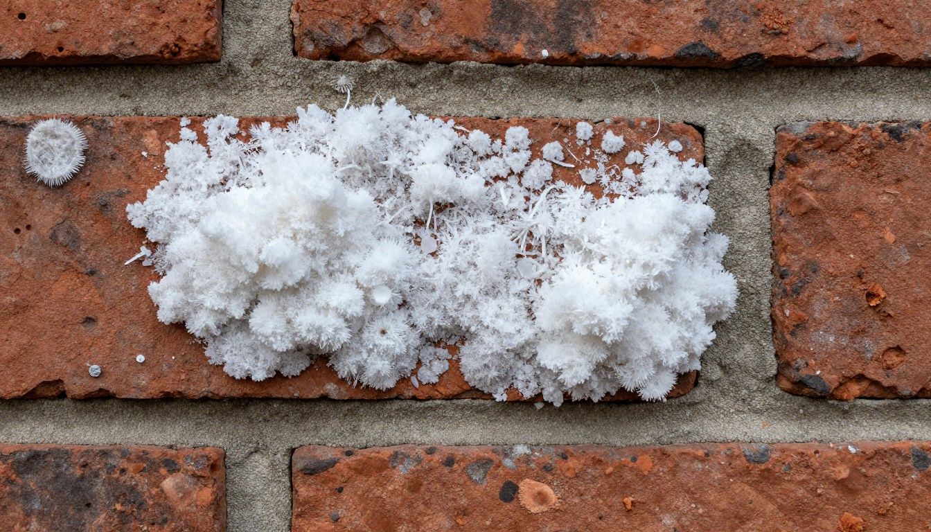 A close-up of white, fluffy salt deposits known as efflorescence on a brick wall