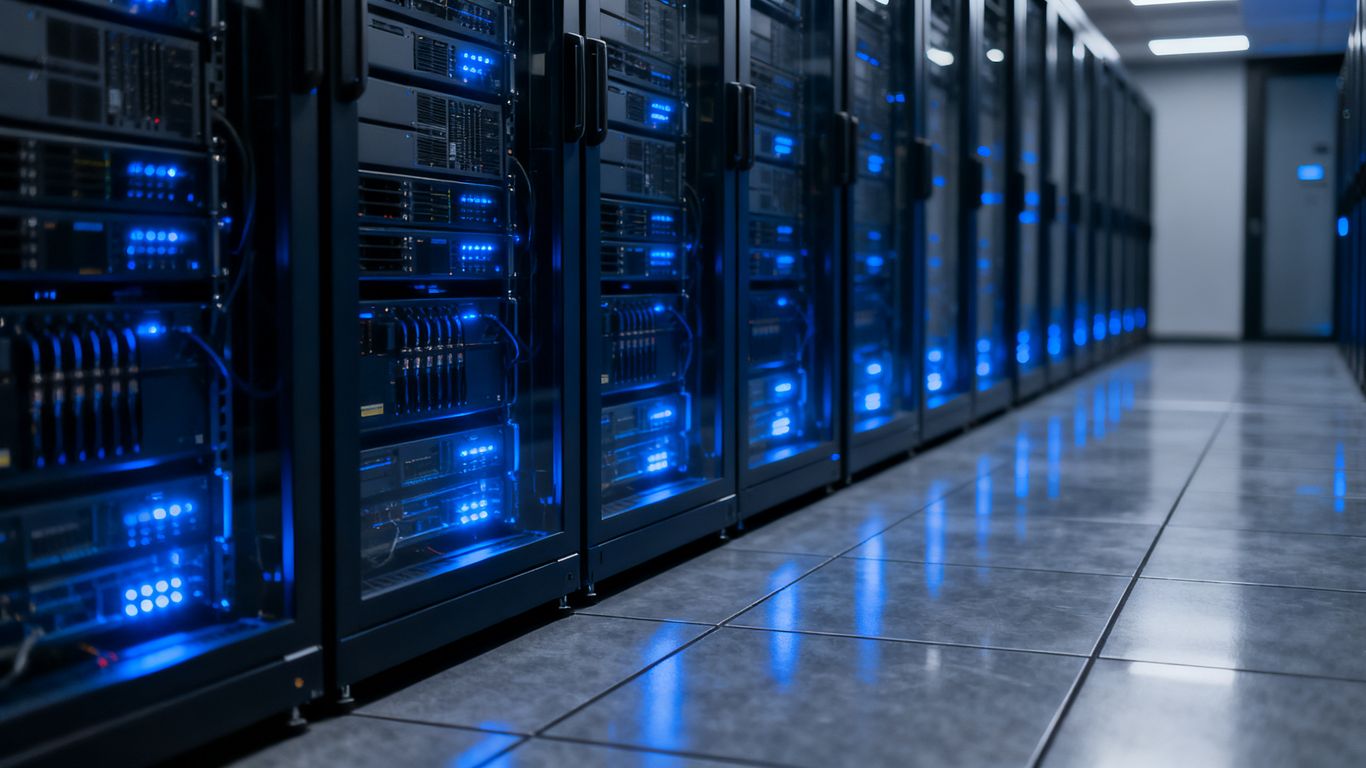 A dimly lit server room with glowing blue hardware lights