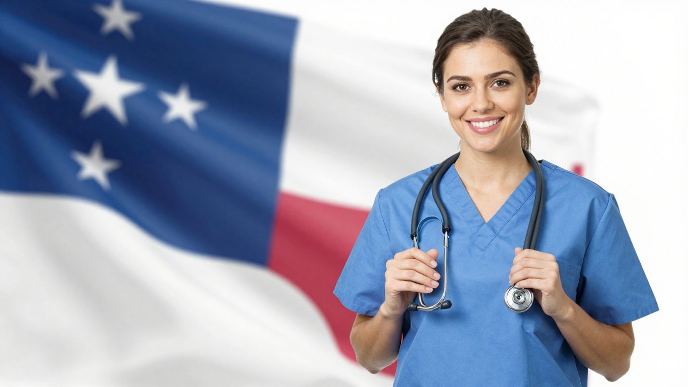 CNA in Texas with stethoscope, looking towards future earnings.