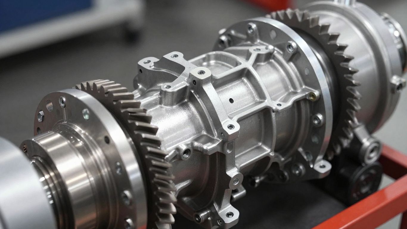 Vehicle transmission assembly with visible gears and parts.