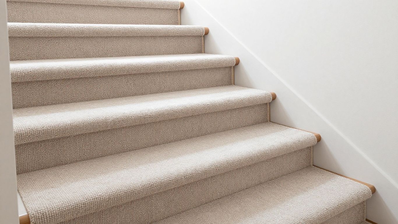 Beige frieze carpet installed on modern staircase