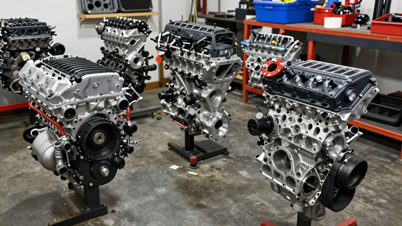 Various car engines displayed in a workshop setting.