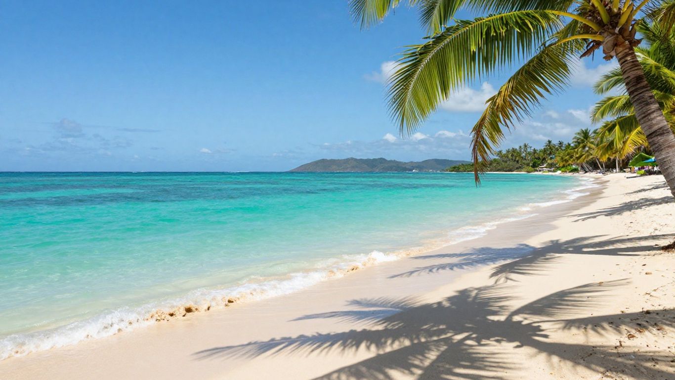 Serene beach with palm trees and turquoise water.
