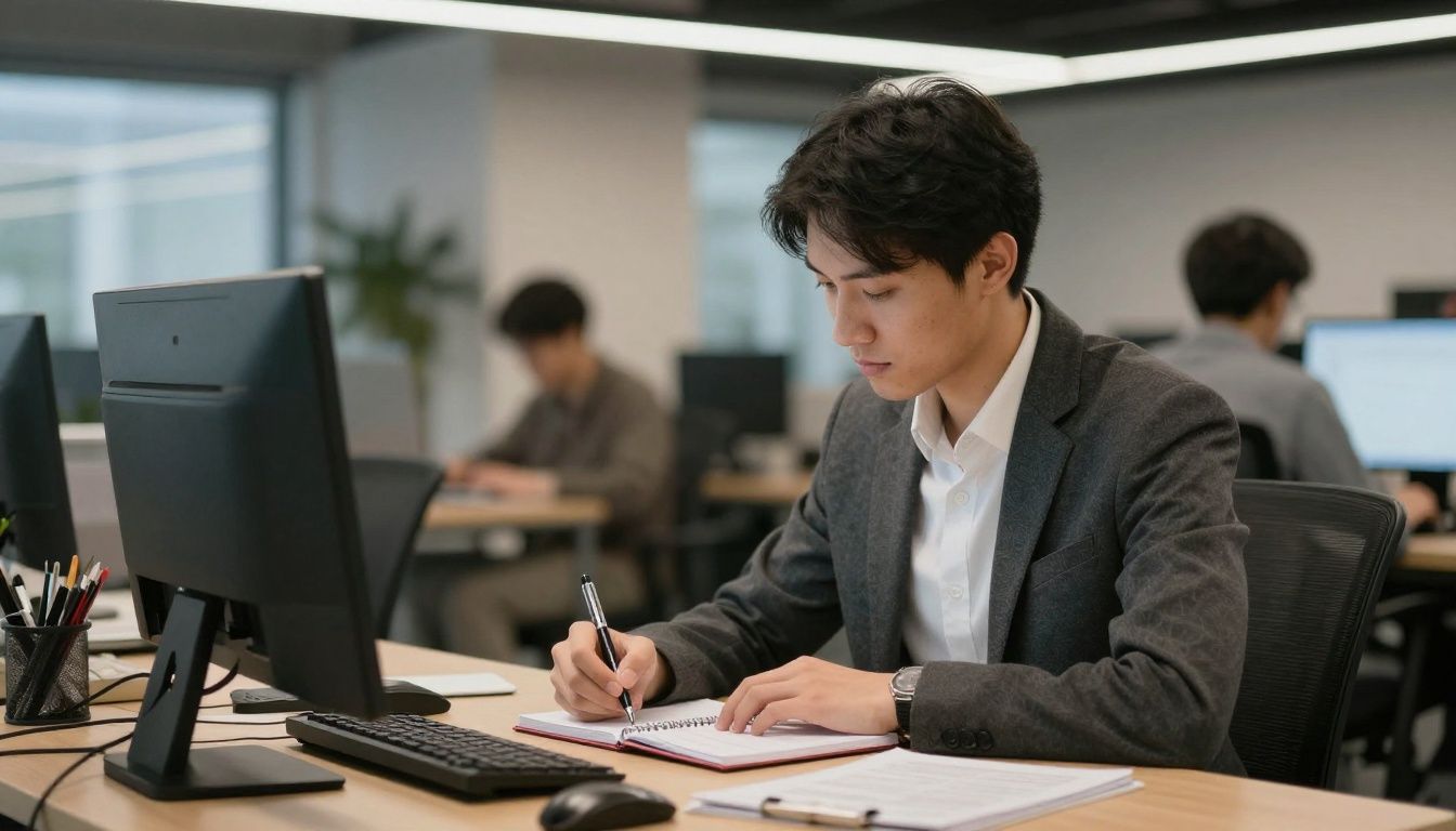 A focused entrepreneur calmly writing in a strategic planner at a desk overlooking an active, bustled, but softly blurred contemporary workspace