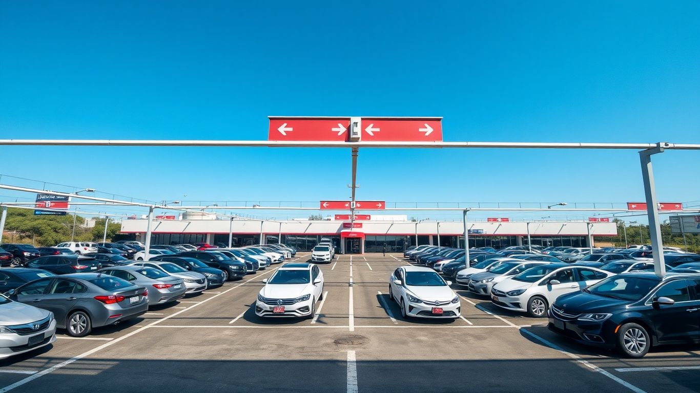 Rental vehicles lined up in a bright parking facility