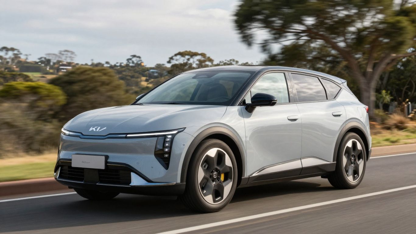 Kia EV5 electric SUV driving on an Australian road.
