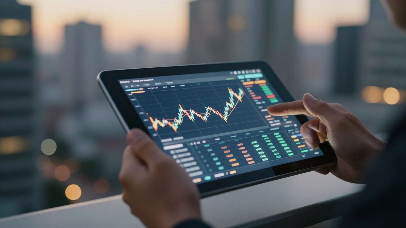 Hands holding tablet with abstract market movements.