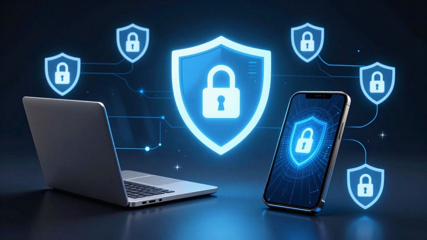 Notebook e smartphone com ícones de segurança digital ao redor.