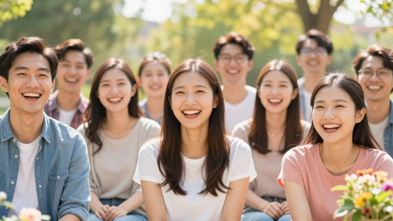 People smiling brightly in a sunny outdoor setting.