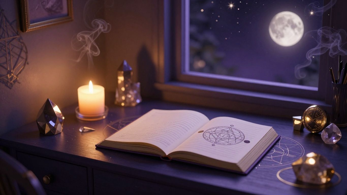 Abendlicher Schreibtisch mit Kerzen, Kristallen und kosmischem Licht