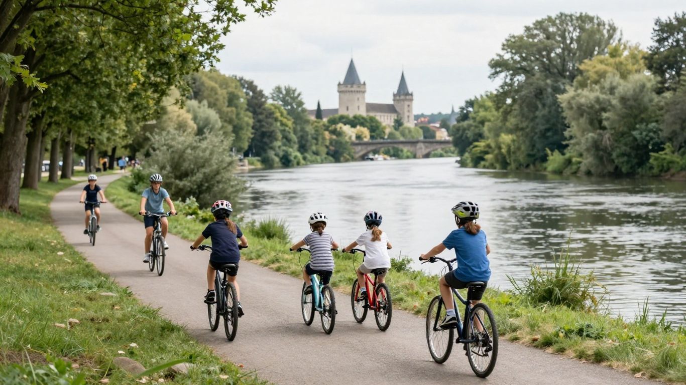 Family cycling beside the Loire River