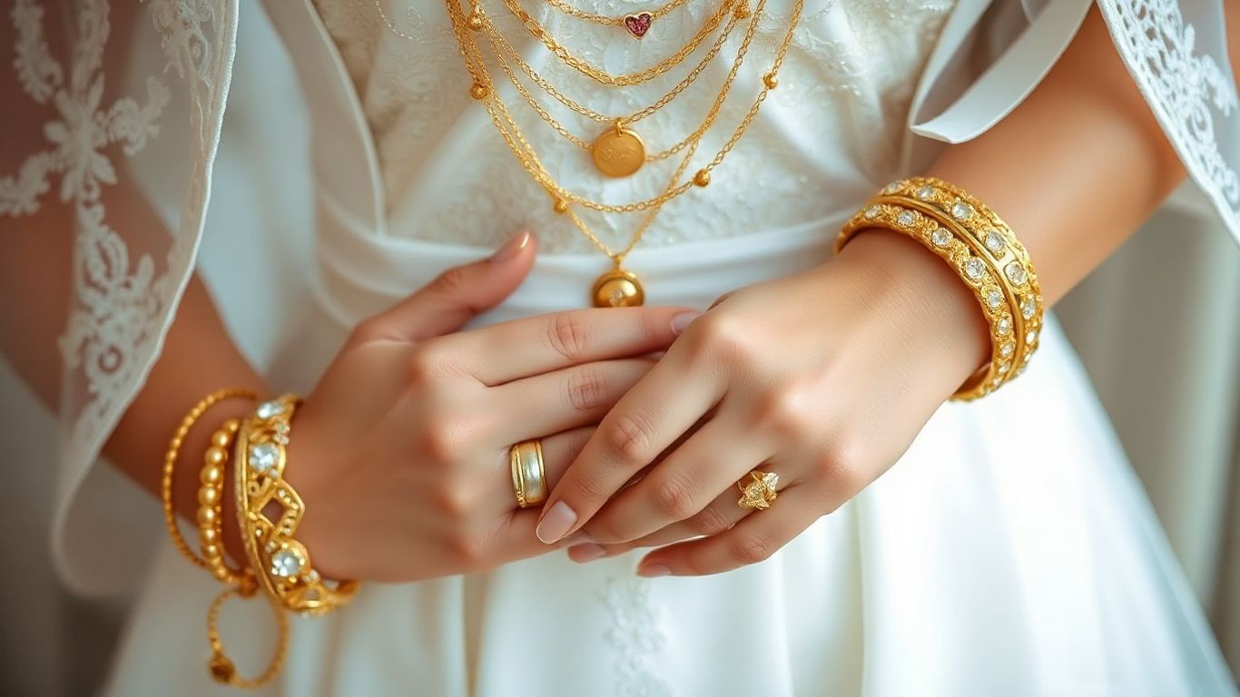 Bride wearing layered gold necklaces and bracelets.