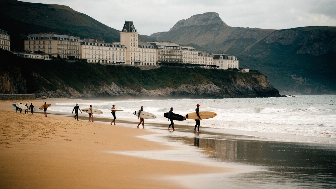 Surfers walking toward Biarritz beach waves