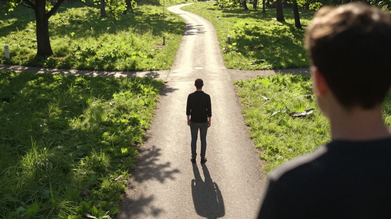 Persona eligiendo entre dos caminos, uno brillante y otro realista.